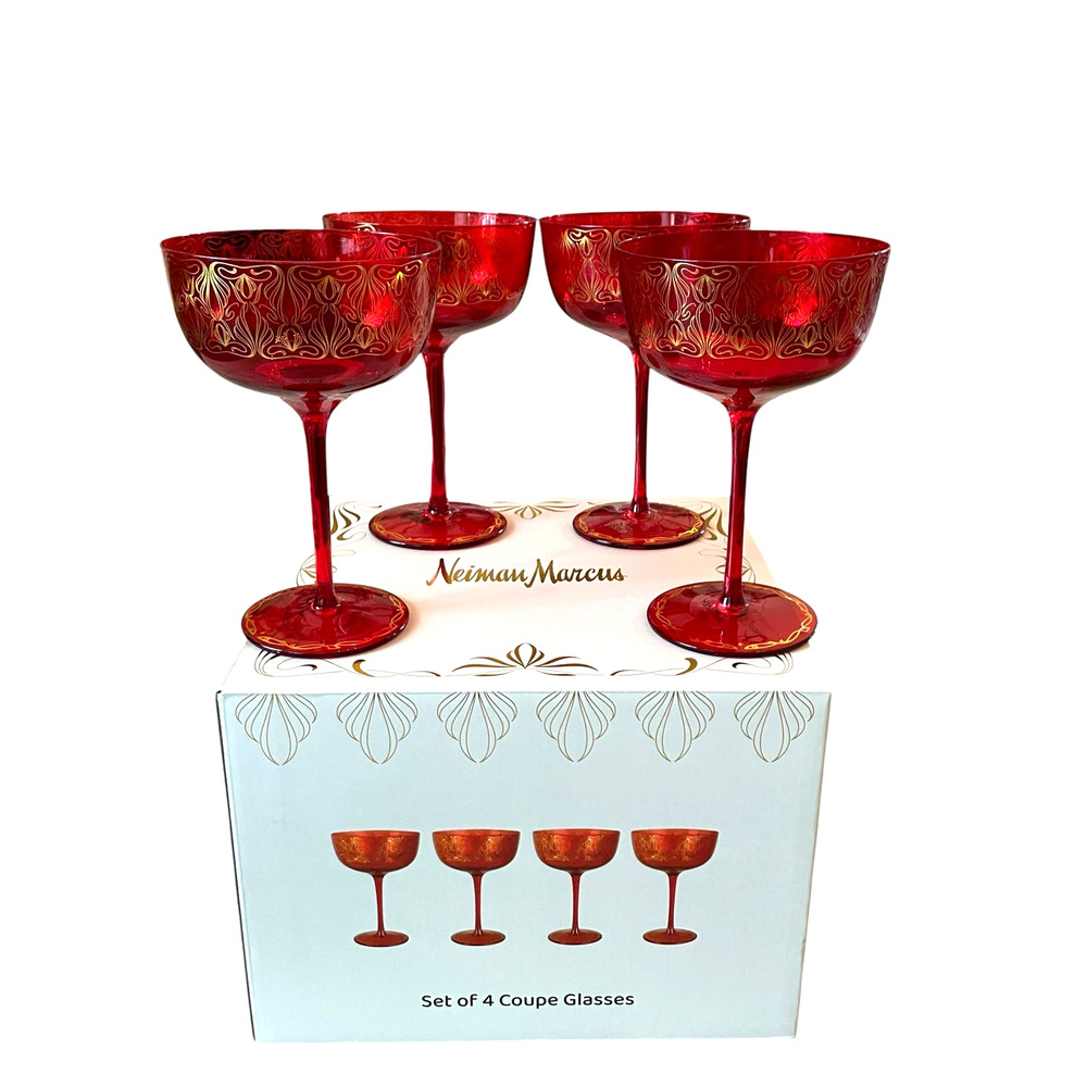 NEIMAN MARCUS Holiday Coupe Glass Set of 4 Red and Gold 6 oz in Gift Box New